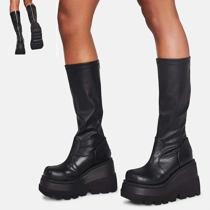 ladies fashion platform boots chunky heel wedges mid calf women  boots casual brand thick bottom winter shoes woman