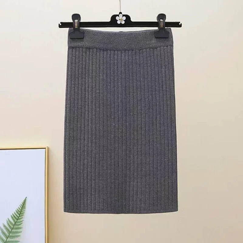 Zoki Winter Women Sweater Skirt New 2021 Knitted Midi Skirts Korean Elastic High Waist Elegant Autumn Split Fork Black Faldas