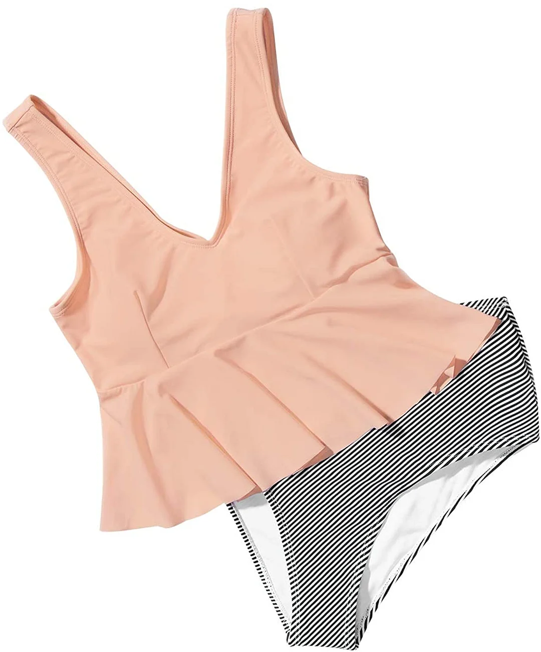 Women's Pink Peplum Top Striped Bottom High Waisted Bikini Set V Neck Tankini