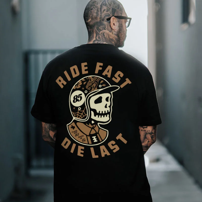 RIDE FAST DIE LAST Helmet Skeleton Print Men's T-shirt