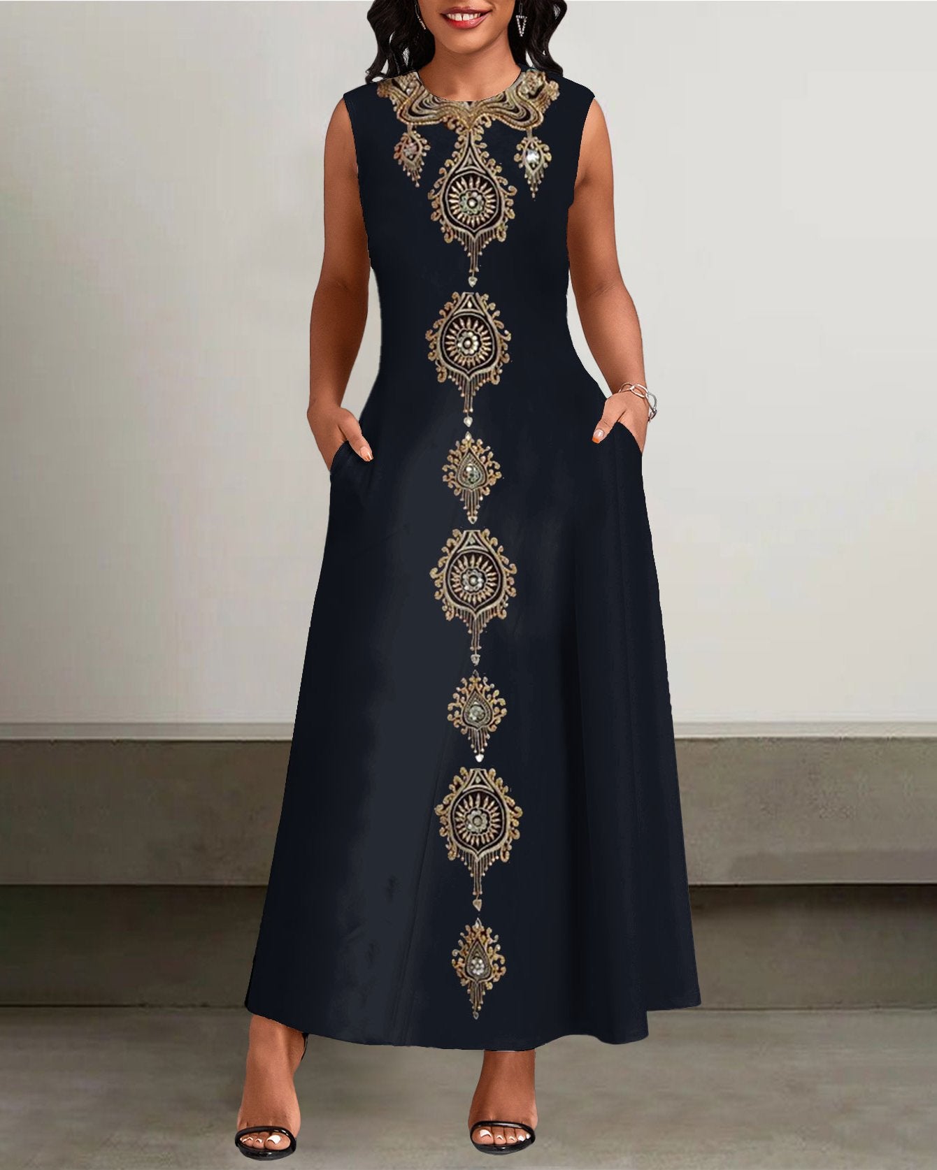 Gold Engraved Print Pockets Casual Dress