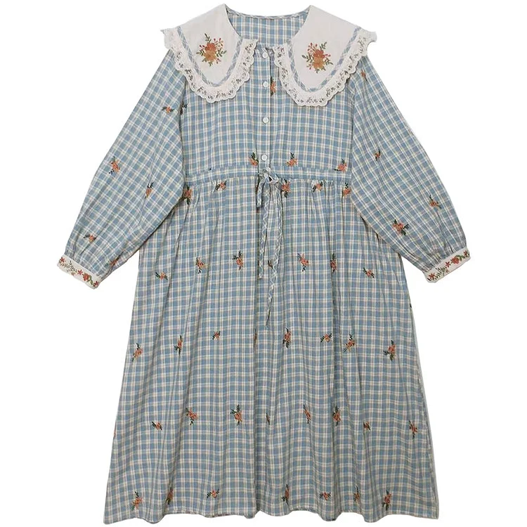 Queenfunky cottagecore style Embroidered Plaid Dress With Drawstring QueenFunky