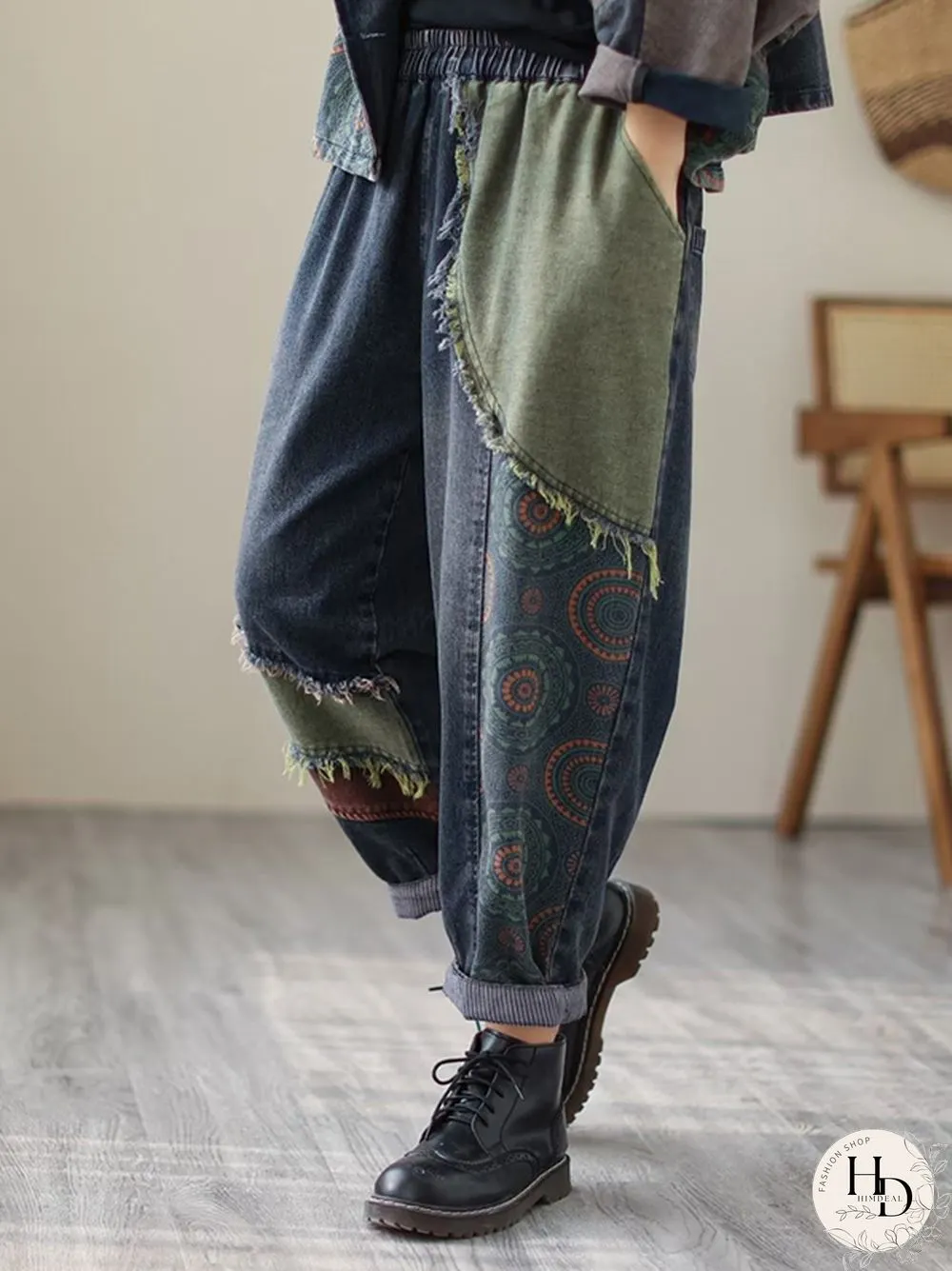Contrast Color Fringed Split-Joint Long Sleeves Printed Outwear Harem Pants Two Pieces Set