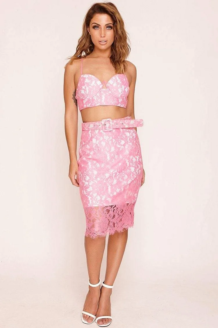 Pink Lace Bodycon Midi Skirt Katch Me