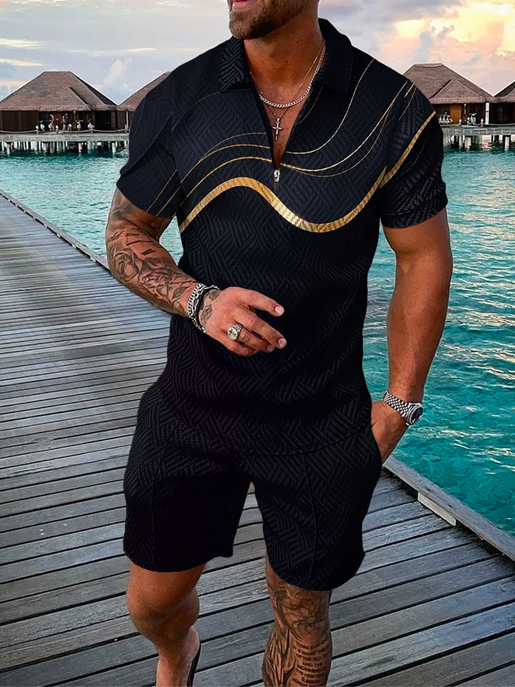 Men's Golden Lines Printed Black Polo Suit