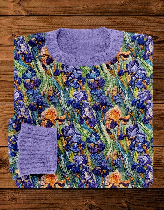 VChics Classic Purple Irises Embroidery Art Cozy Sweater