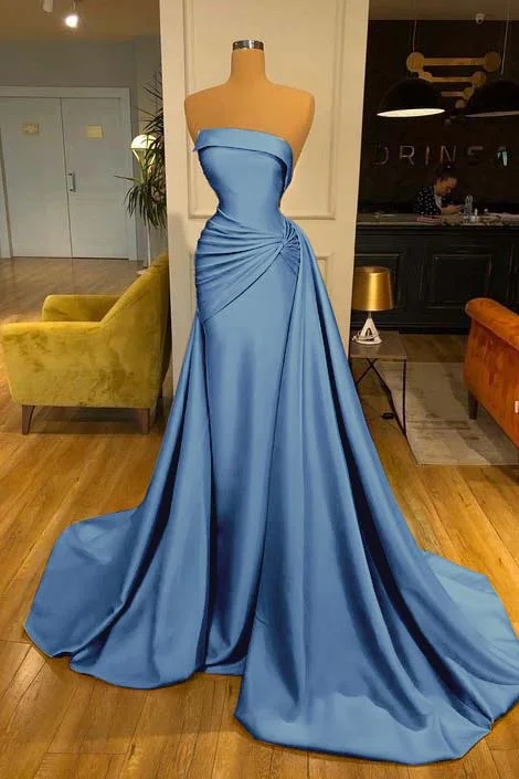 Elegant Strapless Baby Blue Mermaid Evening Dress Long With Ruffle PD0616