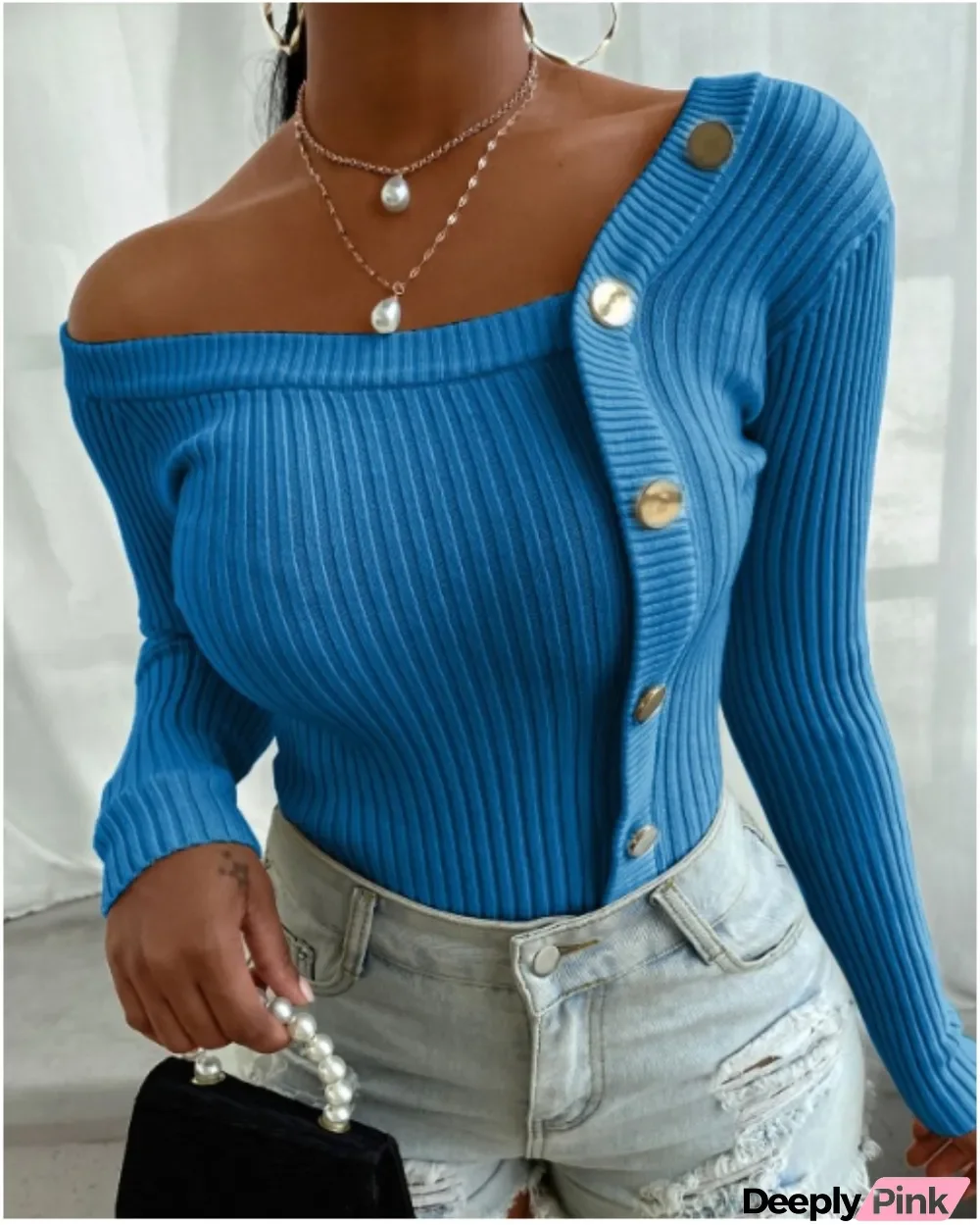 Autumn Knitted Irregular Neckline Based Shirt