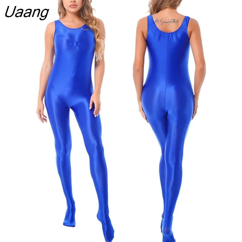 Uaang Womens Glossy Smooth Full Body Leotard Bodysuit Jumpsuit Solid ...