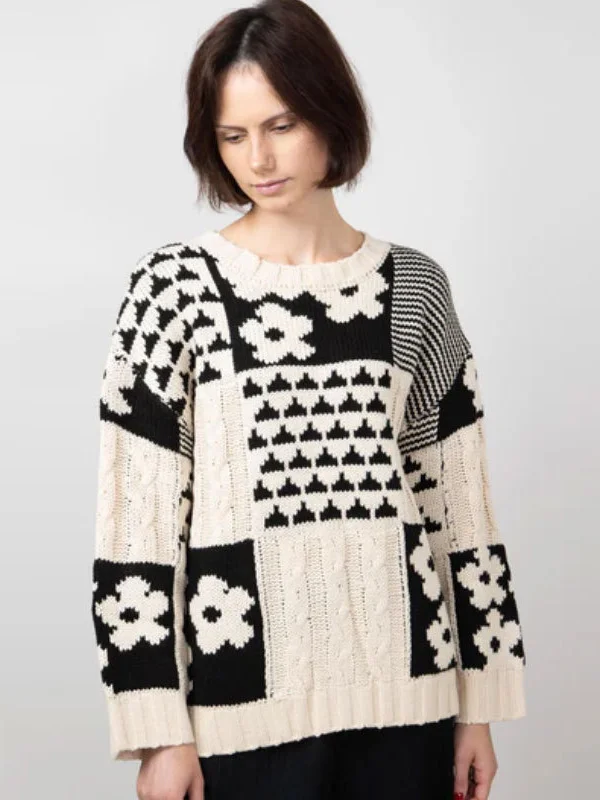 Athvotar Athvotar And Winter Sweater Women's Square Flowers Casual Loose Round Collar Knitted Shirt