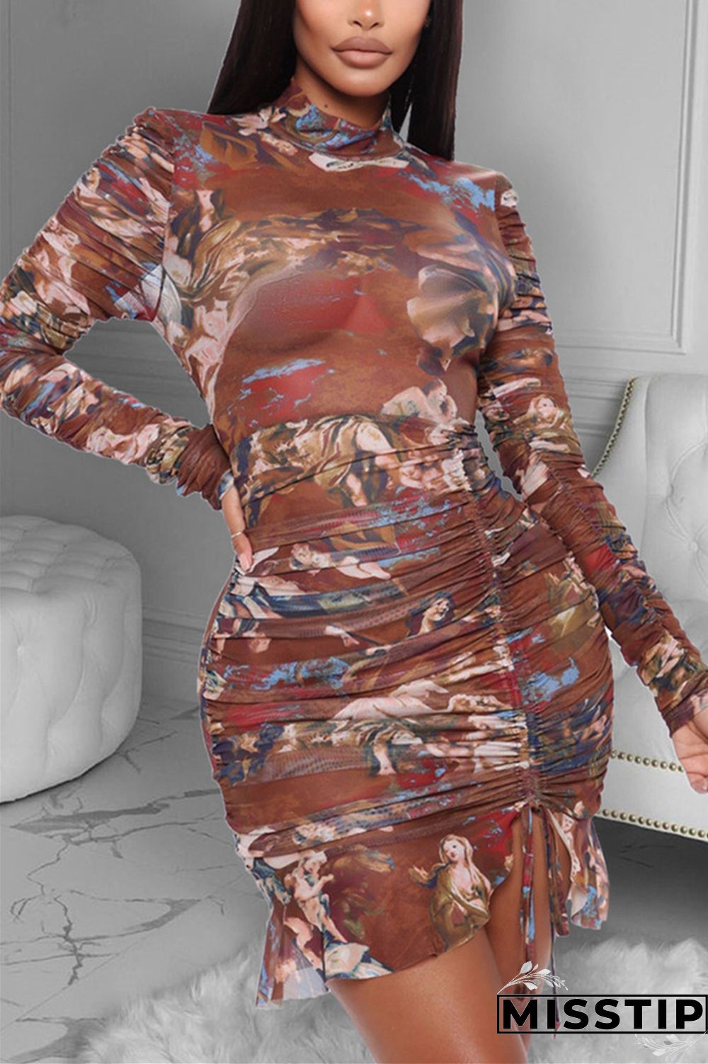 Blue Sexy Sleeve Long Sleeve Half A Turtleneck Asymmetrical Mini Print Dresses