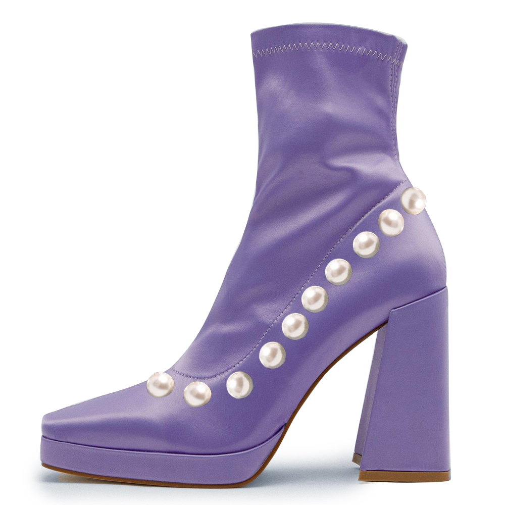Elegant Purple Square Toe Pearl Decorated Platform Sock Booties Nicepairs