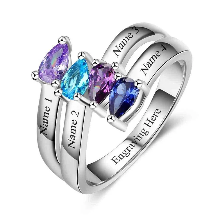 Mothers Birthstone with 4 Stones Personalized Mom Ring Engraved 4 Names Unique Gift for Mothers
