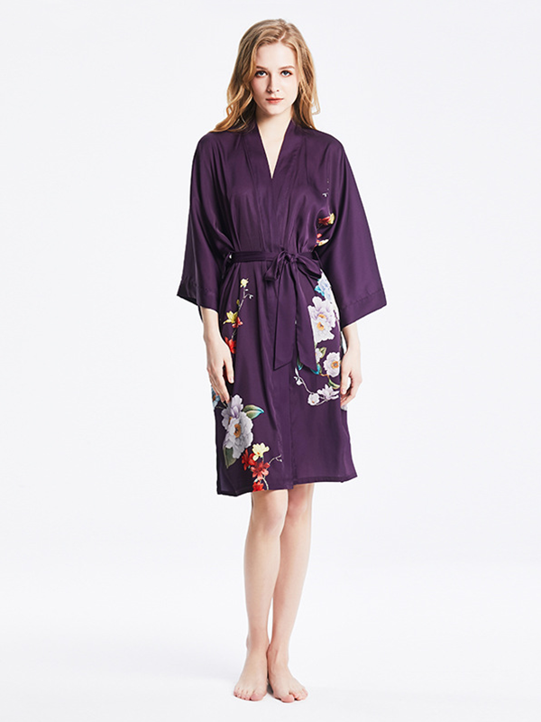 19 Momme Purple Floral Kimono Style Loose Silk Robes-Real Silk Life