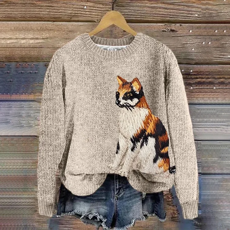 Comstylish Vintage Cute Cat Print Crew Neck Sweatshirt