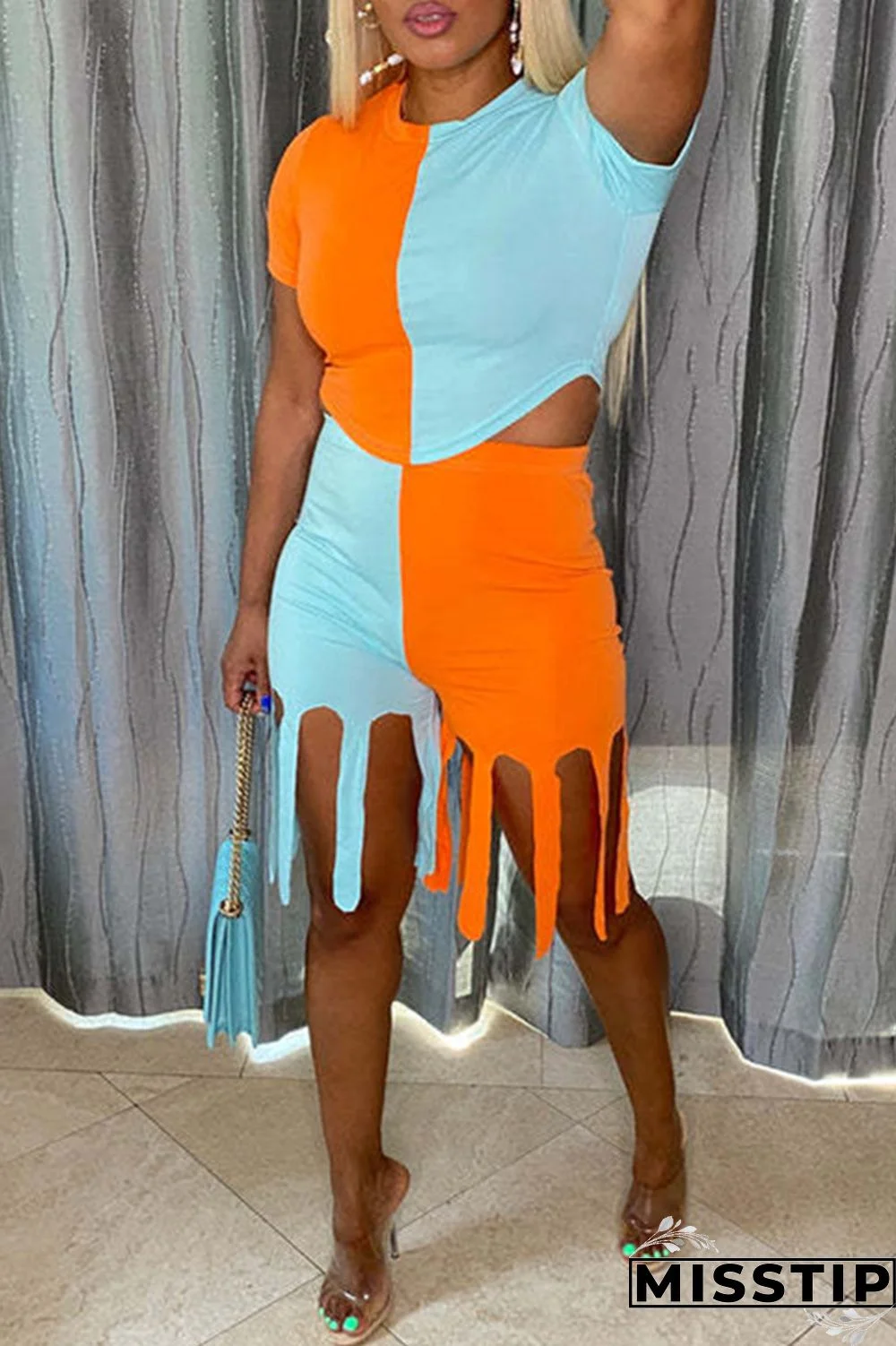 Blue Orange Fashion Casual Patchwork Solid Tassel O Neck Short Sleeve Two Pieces