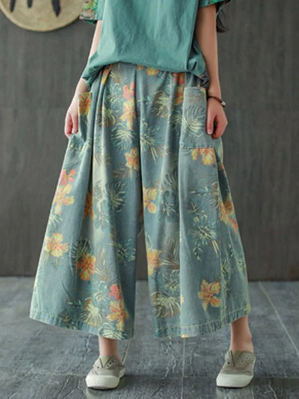 Vintage Roomy Print Jean Wide-Leg Pants