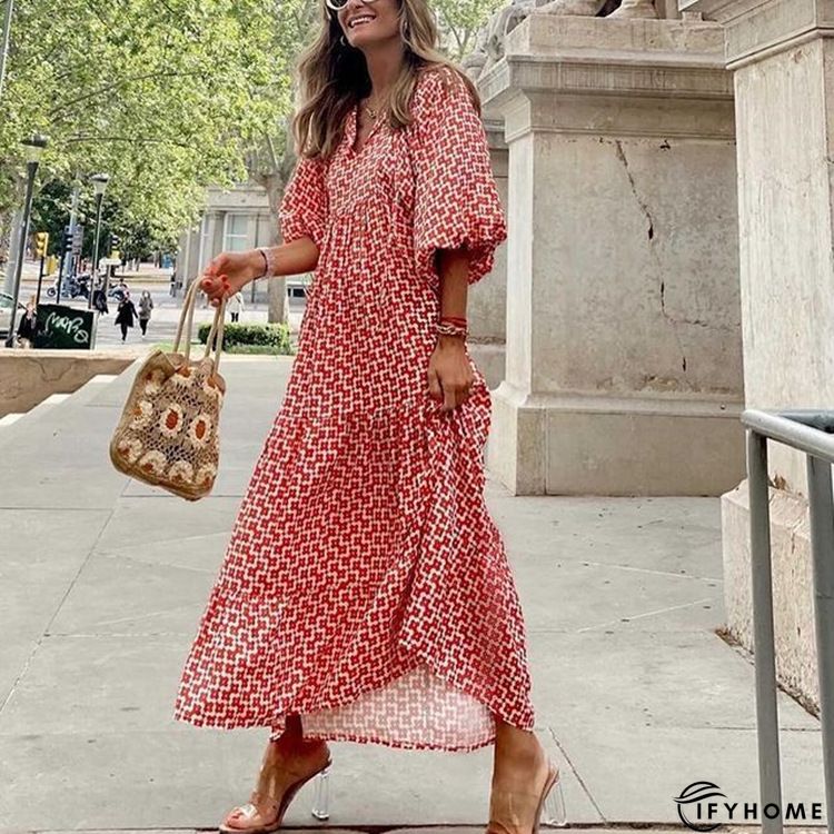 Women Shift Boho Floral Maxi Weaving Dress Long Sleeve V Neck Daily Weaving Dress | IFYHOME