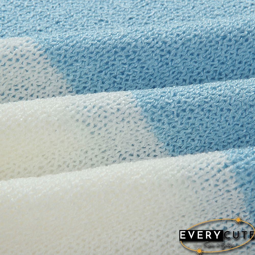 Light Blue Colorblock Lightweight Loose Sweater