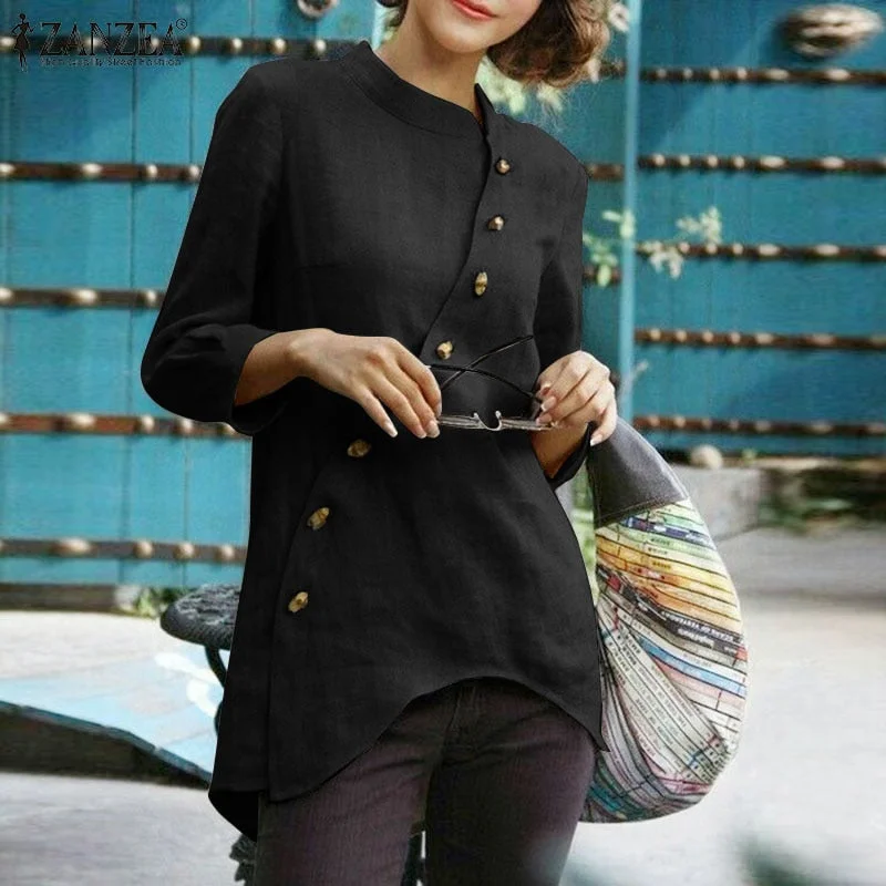 Women Vintage Shirts 2022 Spring Autumn Stylish Long Sleeve Top ZANZEA Casual Solid Asymmetrical Button Oversize Blusa Femininas