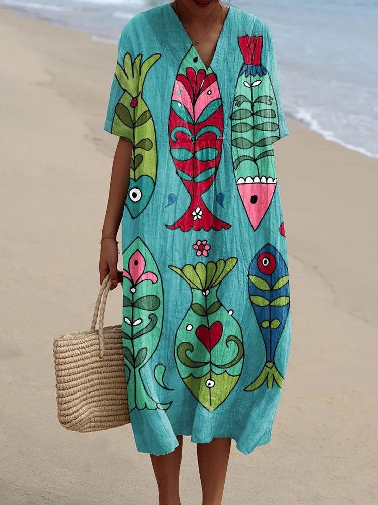 Women's  Japanese Fish  Art Print Flowy Dress