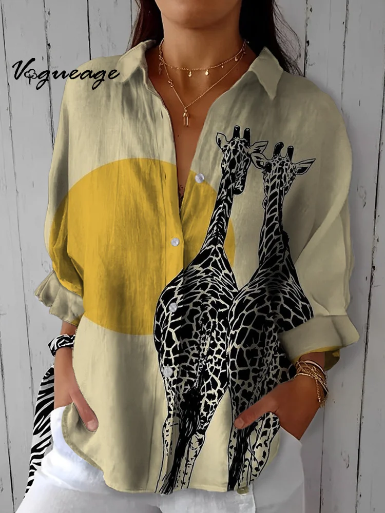 Simple Sunset Black And White Giraffe Printed Cotton And Linen Shirt