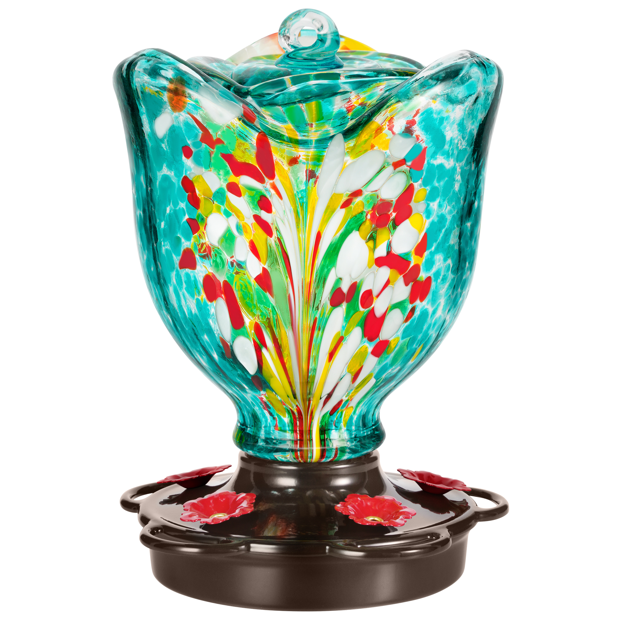 LUJOIN Rose Shaped Hummingbird Feeder for Outside Hanging, Hand Blown Glass, 25 fl.oz, Leak Proof & Rustproof, Includes an Ant Moat, Metal Cover with 5 Feeding Ports, Teal