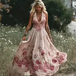 Romantic Floral Lace Embroidery Boho Women's Linen Vest Maxi Dress - Image 2