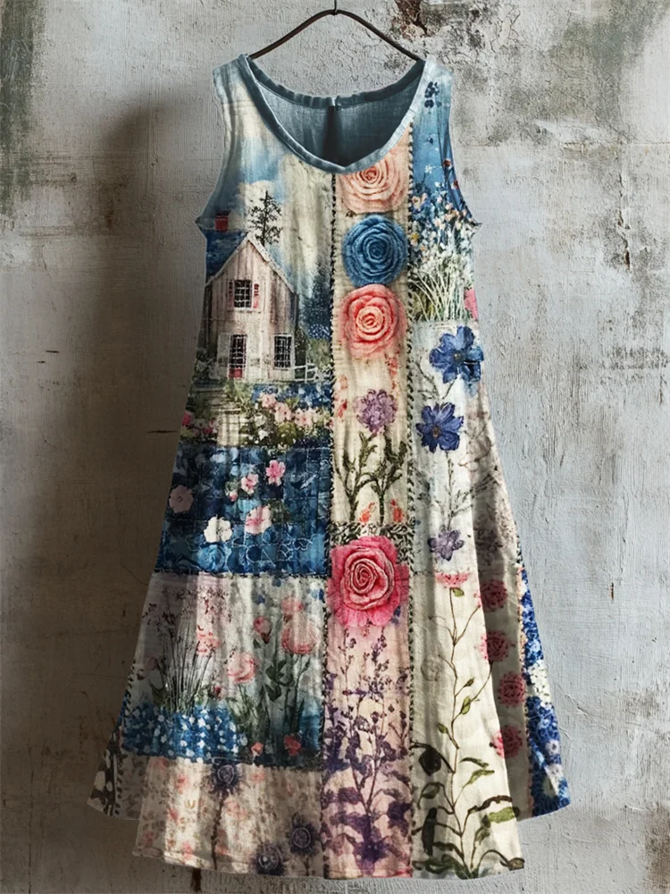 Simpfit Cottage Floral Patchwork Fiber Art Nachahmung aus Nachahmung aus Baumwolle und Leinen Tank Kleid