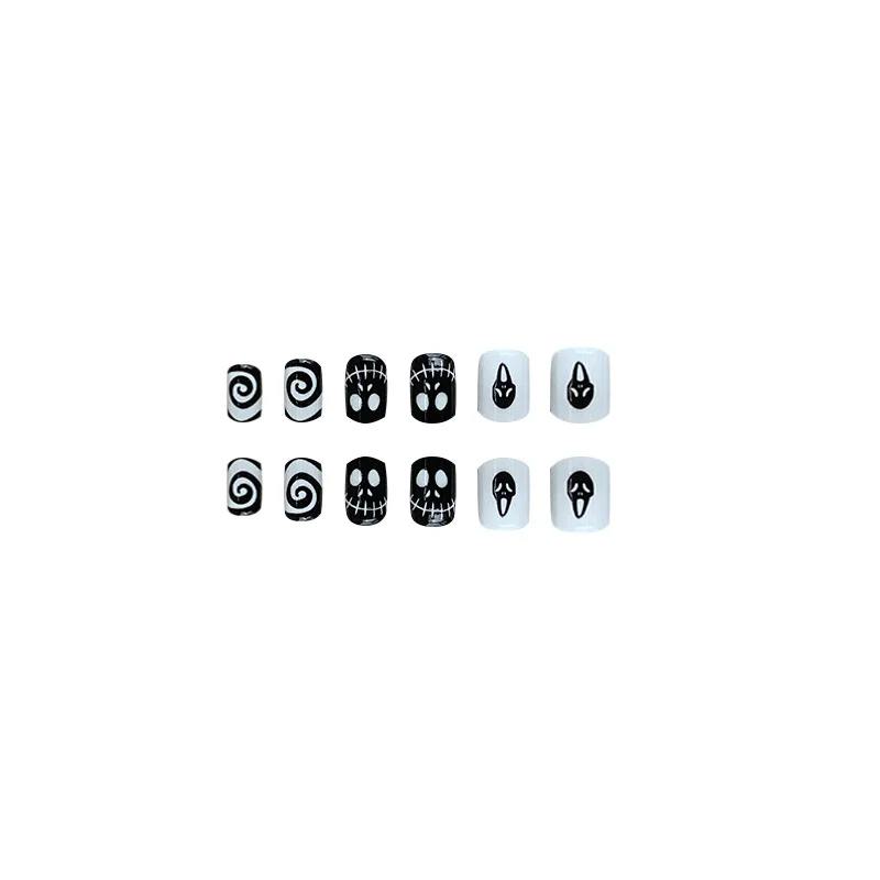 Churchf Churchf Ghost Face Beauty Nail Piece Black And White Vortex Wear Armour Fake Nail Square Short Nail Piece Direct Removable
