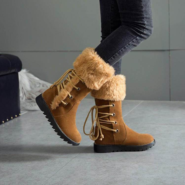 VCSHOES Fur Lace Up Flat Suede Calf Boots