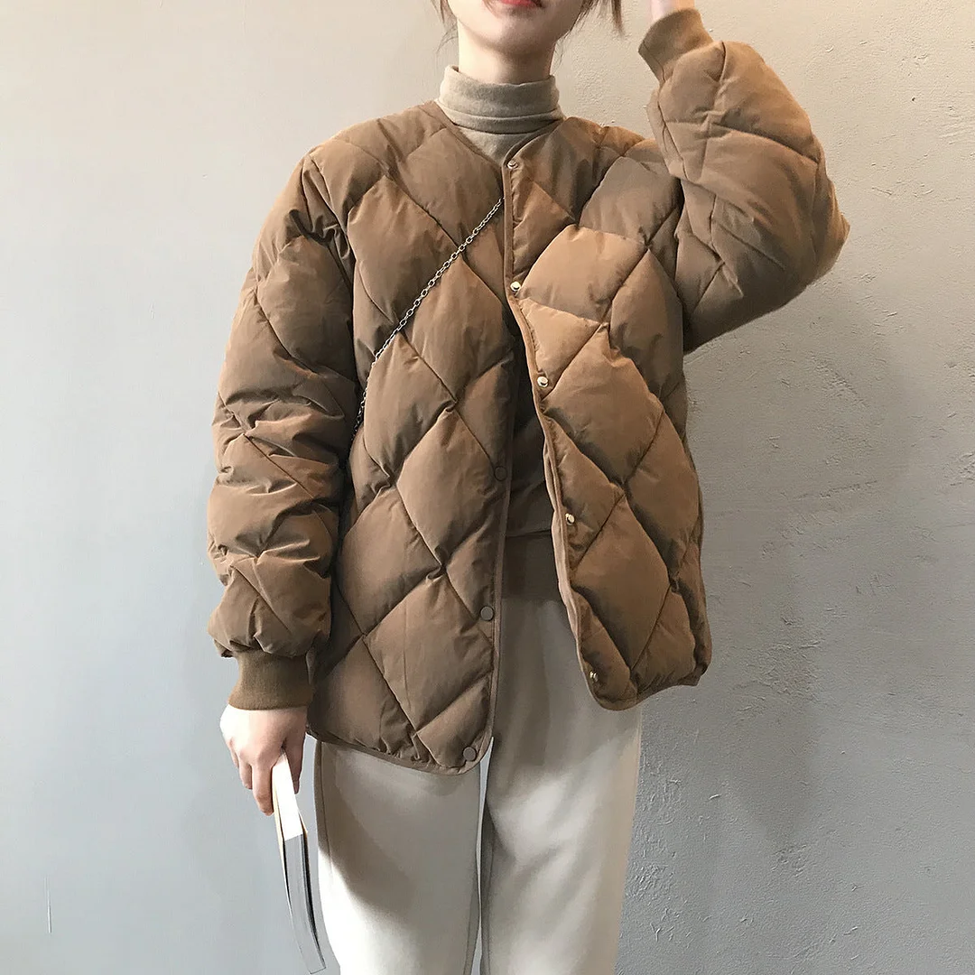 Women Long Sleeve V-neck Solid Color Puffer Coats