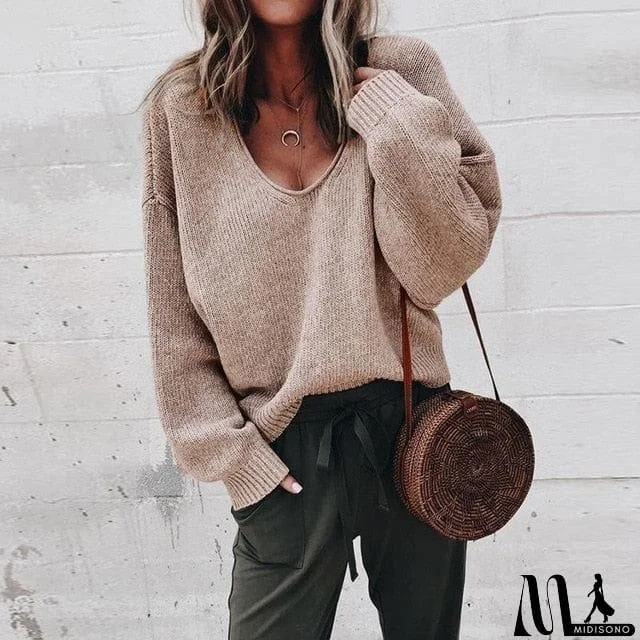 MidiSono - Autumn Long Sleeve V Neck Sexy Sweater Jumper Top