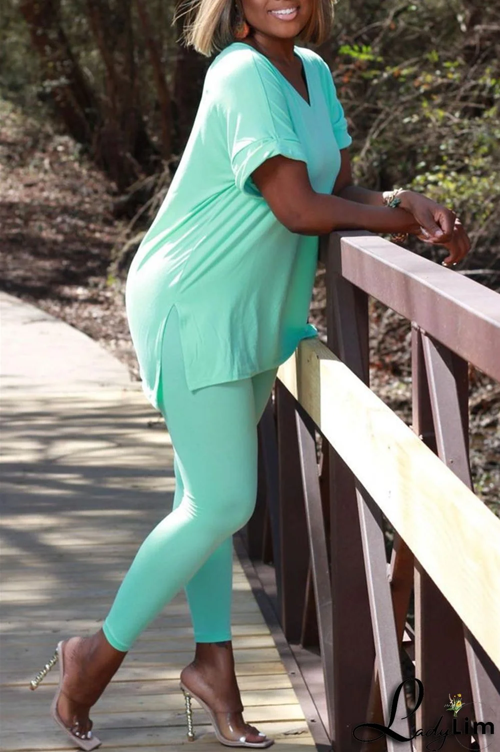 Milky Fashion Casual Solid Slit V Neck Short Sleeve Two Pieces