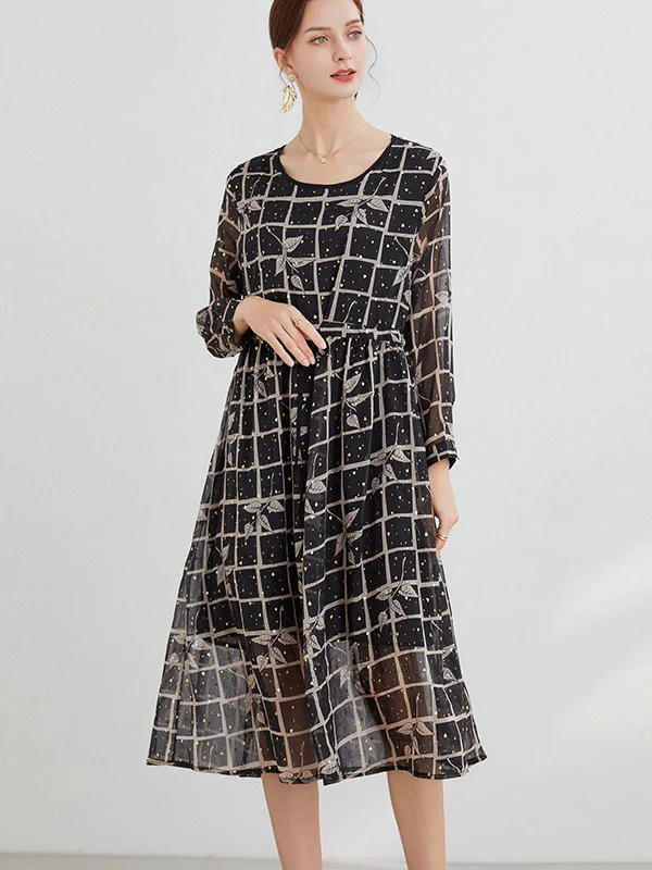 Original Plaid Drawstring Roomy Long Sleeves Midi Dress