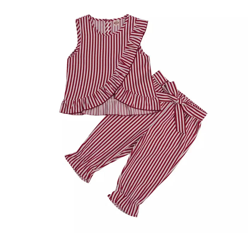 Fashion Girls Striped Ruff Sleeveless Shirt Pants Clothes
