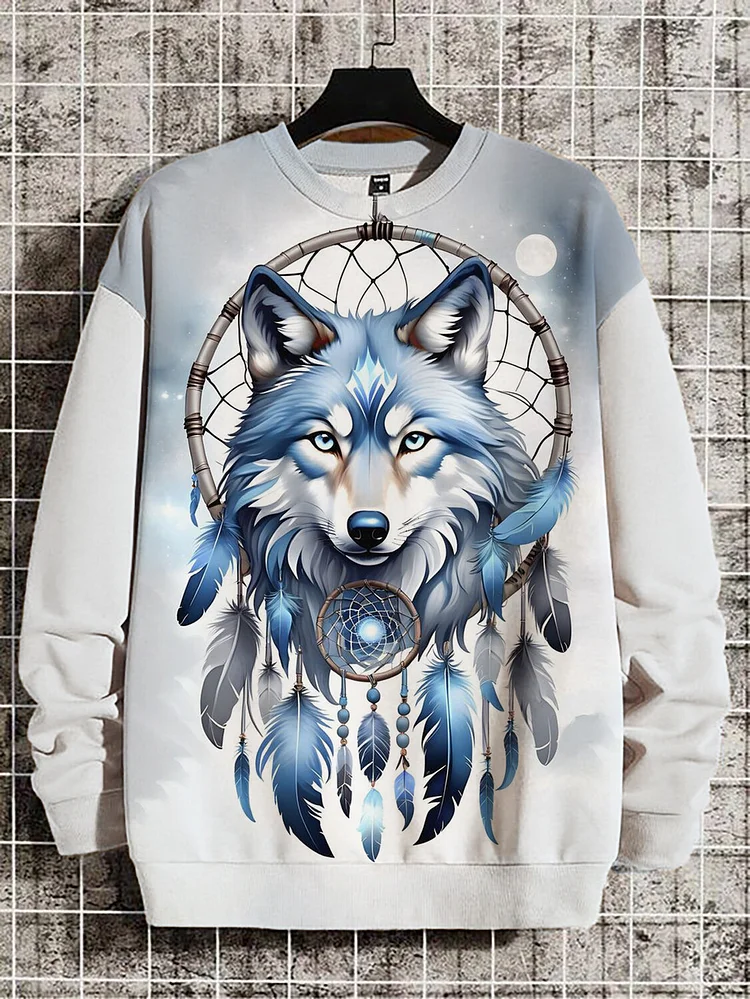 Men's Dreamcatcher Wolf Graphic Print Casual Sweatshirt