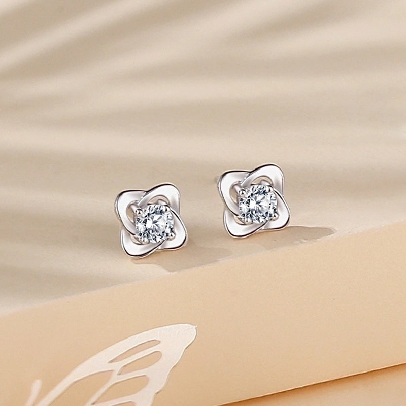 1 Pair Minimalist Heart Shape Flower Inlay Sterling Silver Zircon Ear Studs