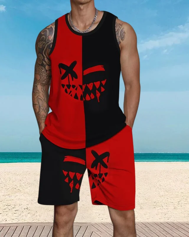 Men's casual vacation color block printed vest Set 045