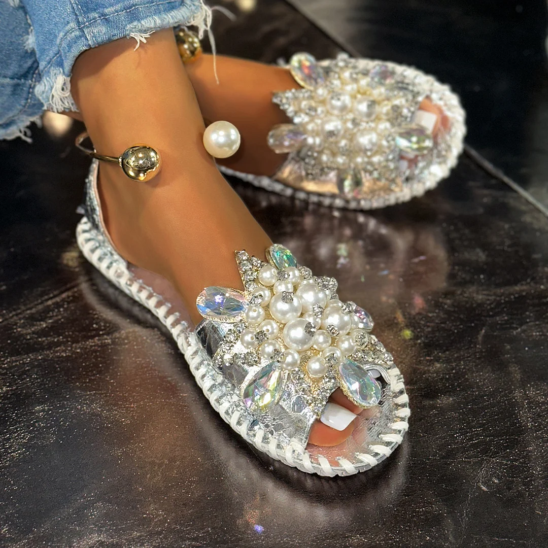 Nigikala Nigikala Temperament Pearl Flowers Wearing Flat-Soled Sandals Women's New Summer With Skirt Fairy Wind Drag