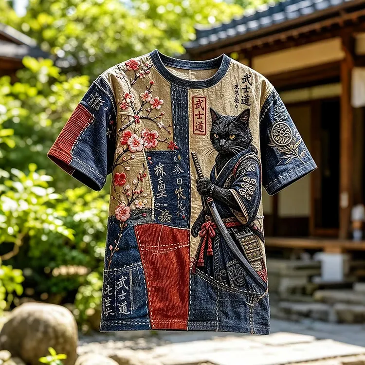 Men's Patchwork Samurai Cat Cherry Blossom Wabi Sabi Print T-shirt