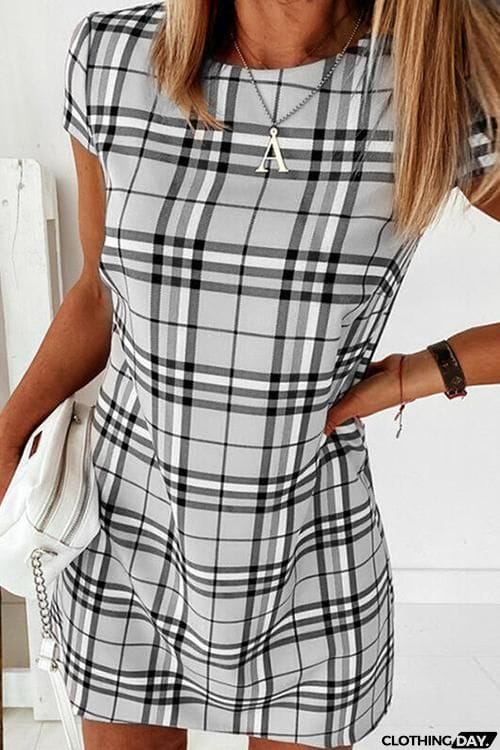 Grid Short Sleeve Bodycon Mini Dress