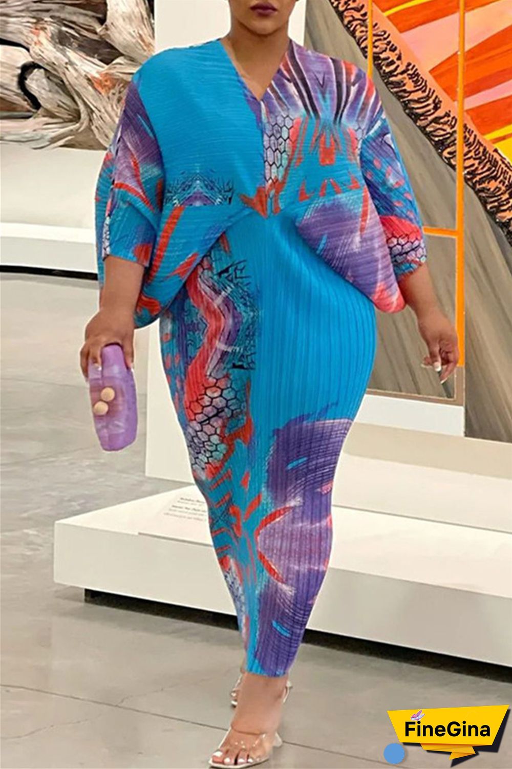 Pink Purple Casual Print Patchwork V Neck Pencil Skirt Plus Size Dresses