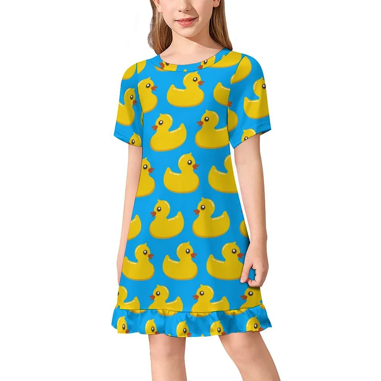 White Turquoise Yellow Rubber Duck Girls Crew Neck Basic Print Sundress Loose Fit Parent-Child Dresses - Heather Prints Shirts