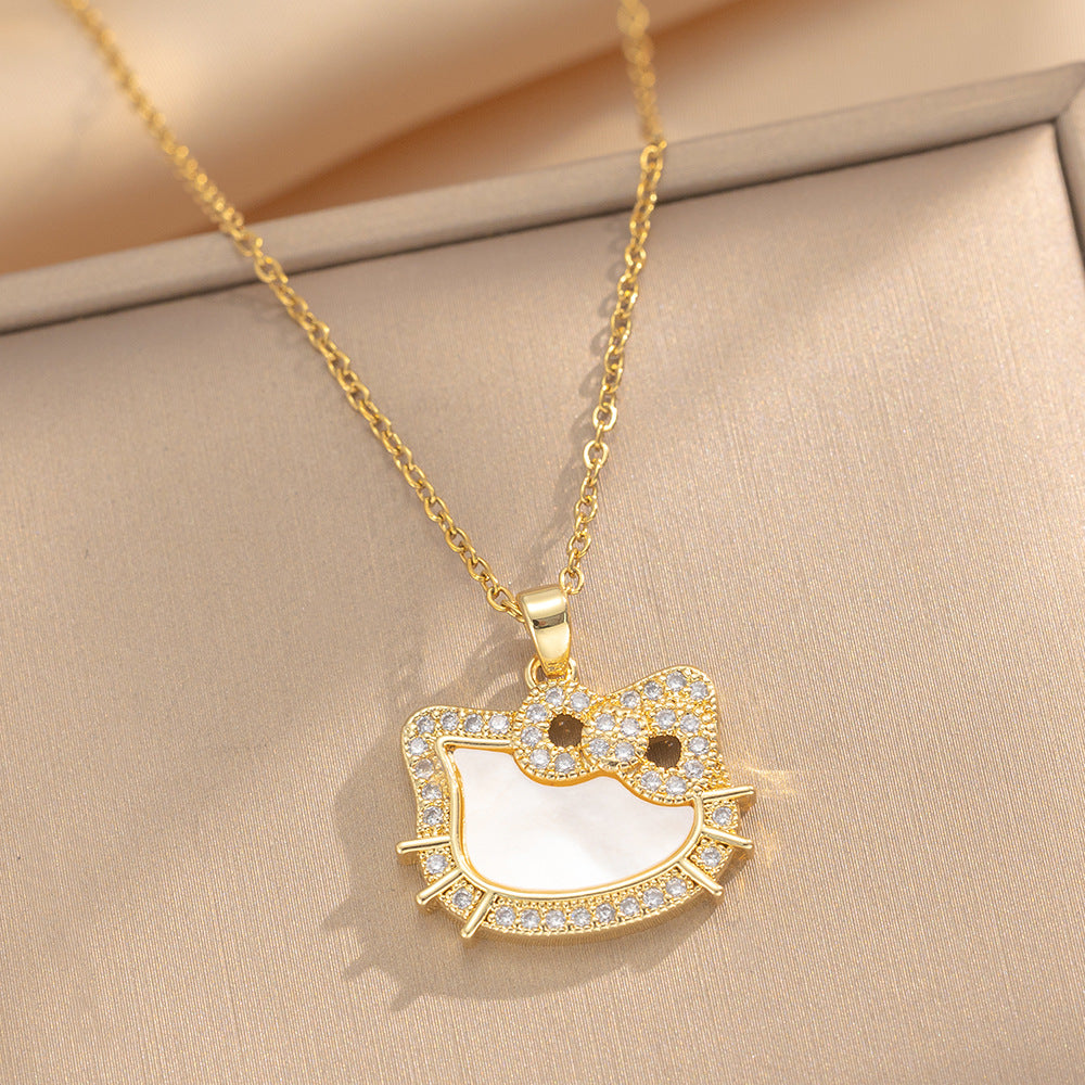 Bow Cat Gorgeous Full Diamond Necklace Women’S Versatile Clavicle Chain Titanium Steel Chain