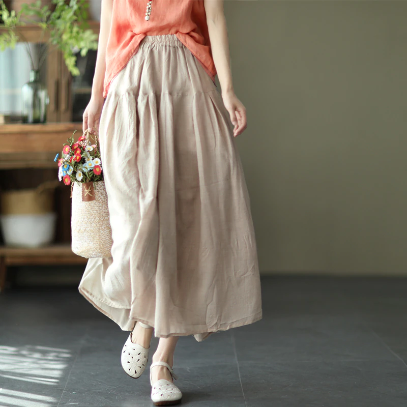 Women Cotton Linen Solid Vintage Elastic Waist Patchwork Skirts