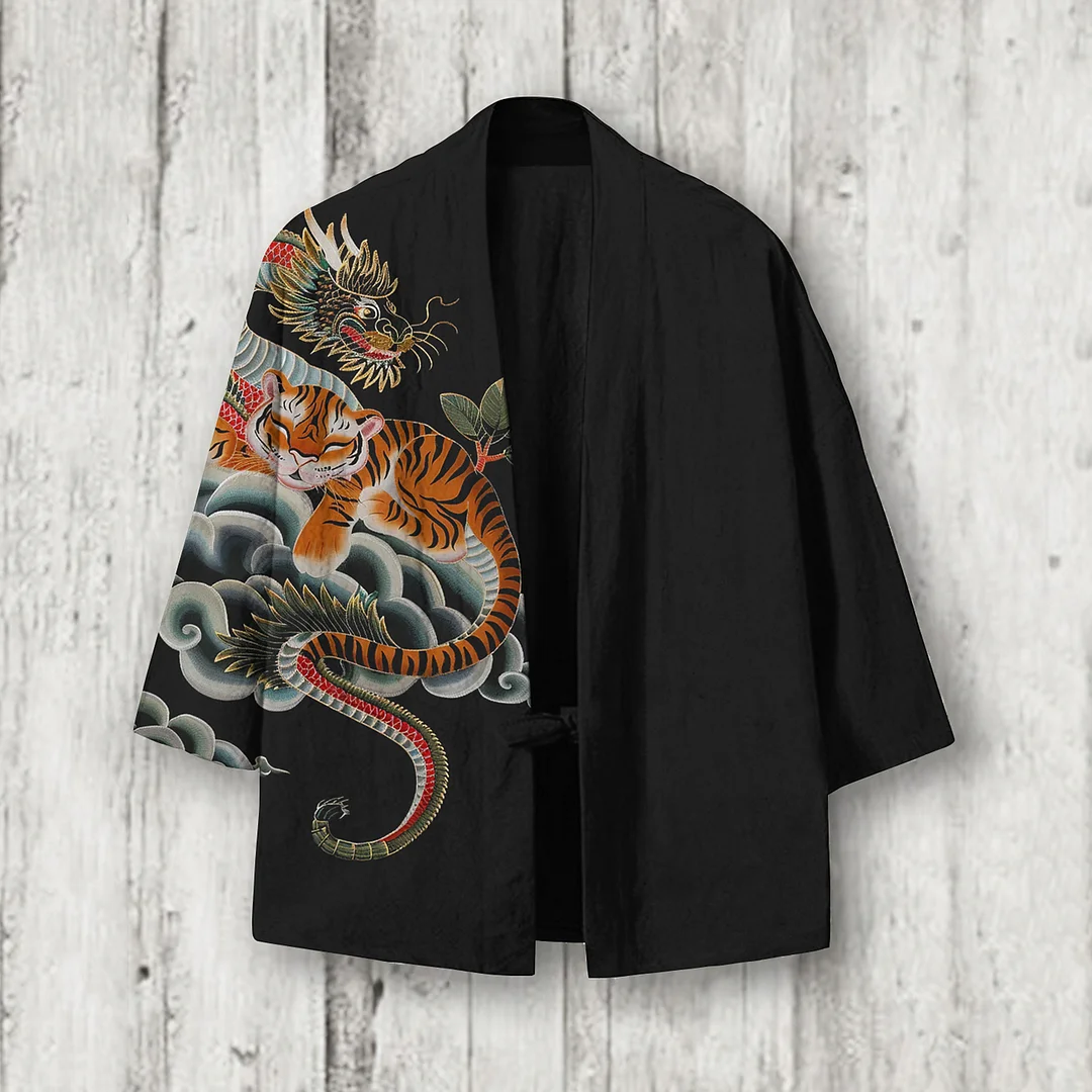 Men's Dragon And Tiger Art Linen Blend Kimono Cardigan