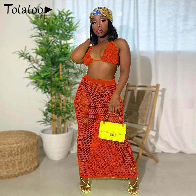 Totatoop Hollow Out Net Sexy Two Piece Set Women 2022 Backless Bandage Strap Halter Crop Top+Long Skirts Beach Outfit Dress 515
