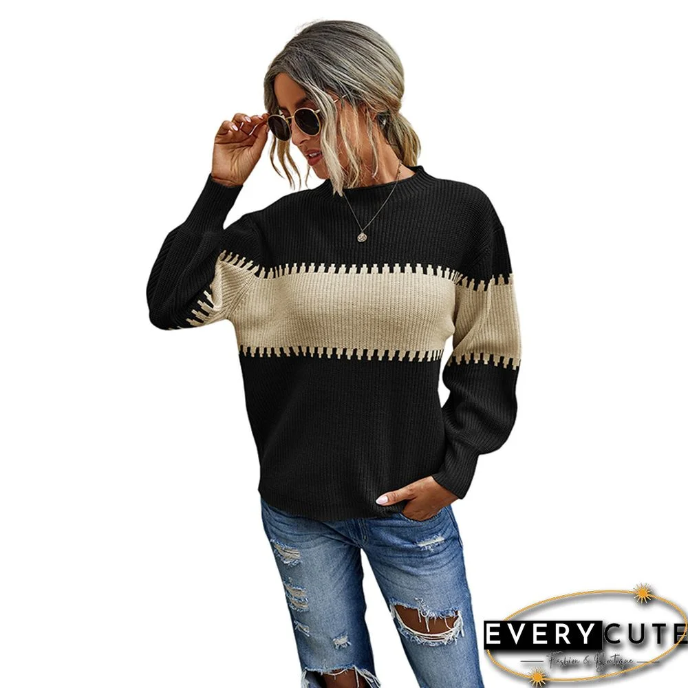 Black Color Block High Neck Woolen Sweater