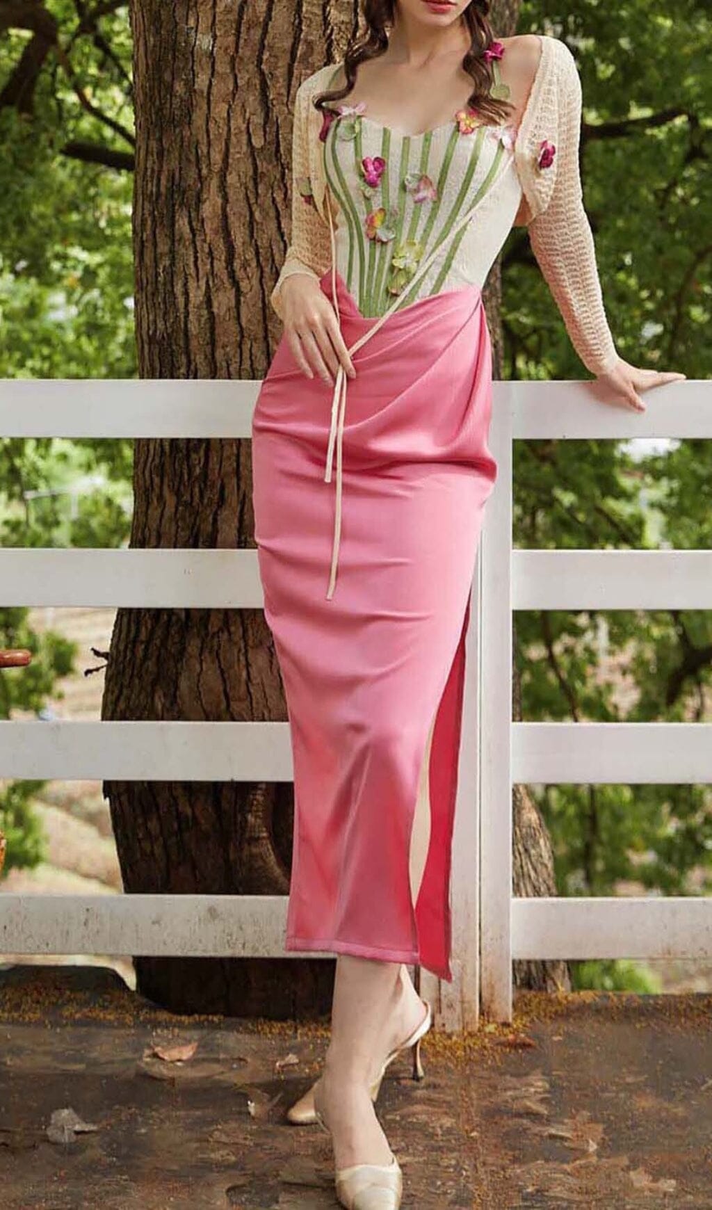 Fashionslee Women Flower Vine Corset Midi Dress In Pink
